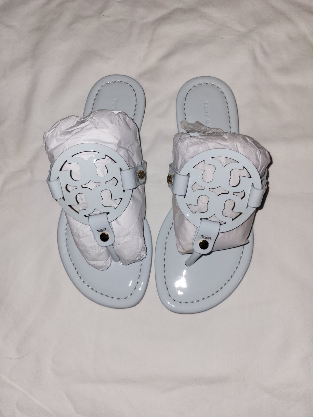Tory Burch Pale Blue Patent Leather Logo Thong Sandals